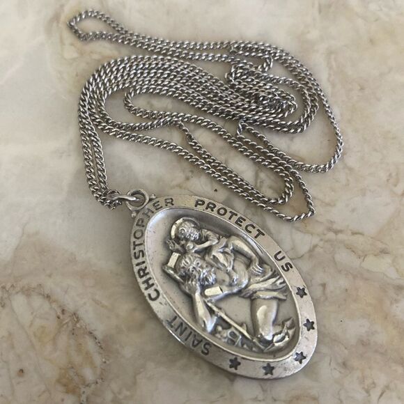 Sterling Silver St. Christopher Religious Medal 24” Sterling Silver Curb Chain - Picture 1 of 8
